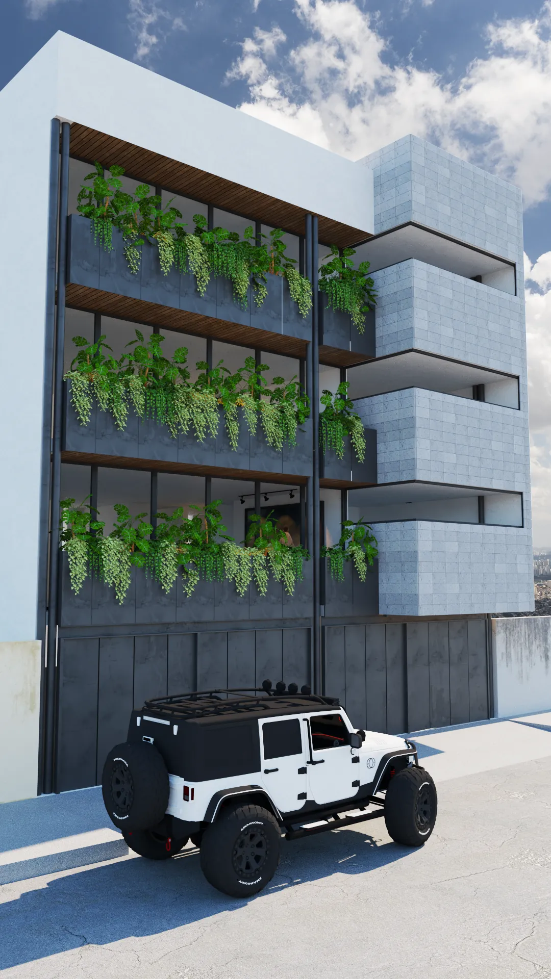 Fachada del desarrollo de departamentos en Querétaro con terrazas verdes
