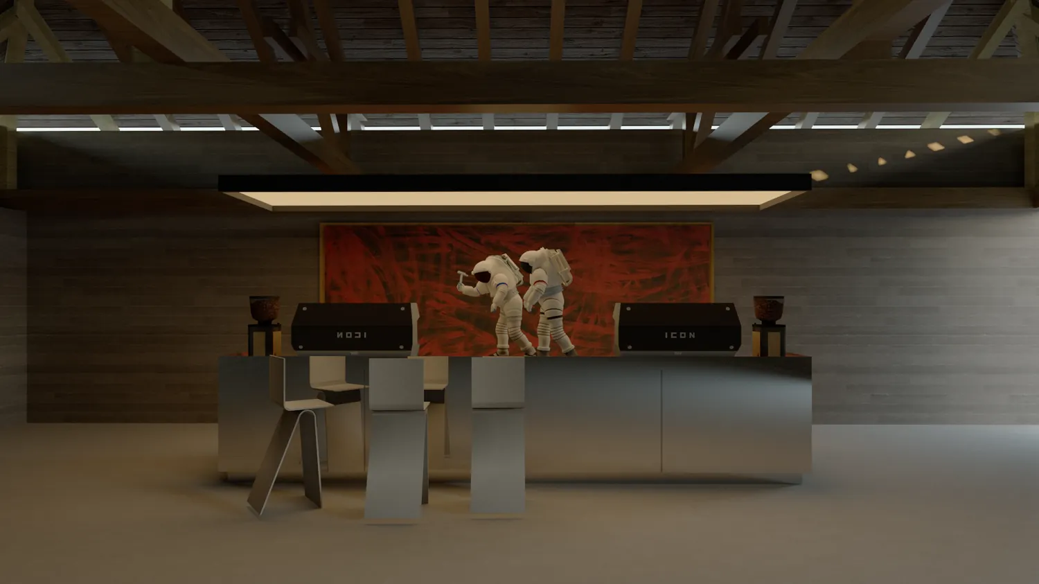 Barra de café diseñada por Estudio Argama, con techo de madera e iluminación cálida